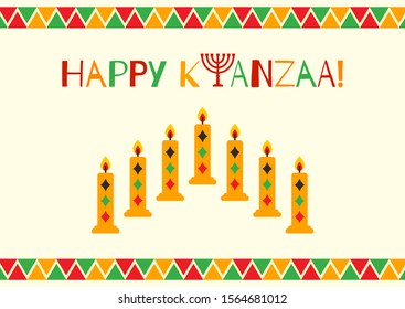 Vector illustration of Happy Kwanzaa holidays. Colorful bright greeting card with menorah and candles. Celebration of African heritage, unity, and culture