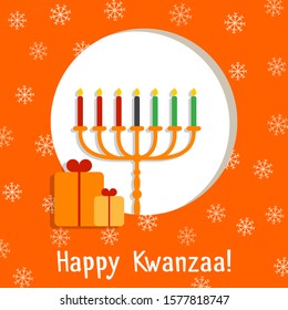 Vector illustration of Happy Kwanzaa holidays. Square greeting card with kinara, snowflakes and gifts. Celebration of African heritage, unity, and culture