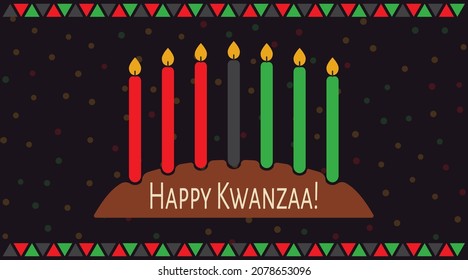 Vector illustration of Happy Kwanzaa holidays. Greeting card with kinara and confetti. Celebration of African heritage, unity, and culture