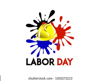 vector illustration happy Labor Day, event logo and sticker with labor helmets and attractive paint splashes