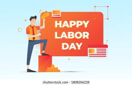 vector illustration of happy labor day. employer grab speaker/megaphone. good for poster, social media advertising, flyer, and website design.