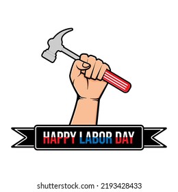 Ilustración vectorial de la jornada laboral feliz. Diseño del Día del Trabajo con cinta adhesiva. Mano sosteniendo el martillo. Diseño adhesivo