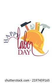 Vector Illustration of "Happy Labor Day" Lettering Art with Worker Tools Artworks. Suitable for Banner Template Decoration.