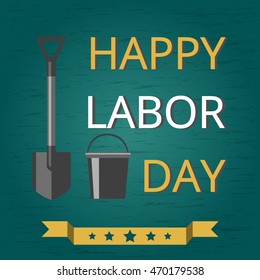 Vector Illustration Happy Labor Day a national holiday of the United States. American design poster and banner. Buildings, houses and architectural objects, greeting card on green backdrop with text