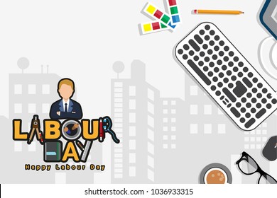 Vector illustration of happy Labour Day with stylish text and white background. Vector illustration. Copy space.