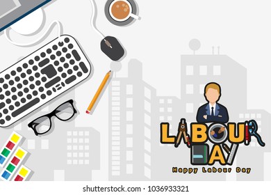 Vector illustration of happy Labour Day with stylish text and white background. Vector illustration. Copy space.