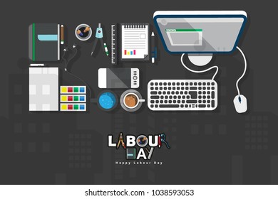 Vector illustration of happy Labour Day with stylish text and black background. Vector illustration. Copy space.
