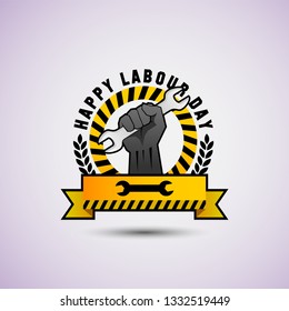 vector illustration happy labour day celebration, workers may day. strong yellow and black color.