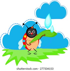 Vector illustration of happy ladybug catching rainy drops