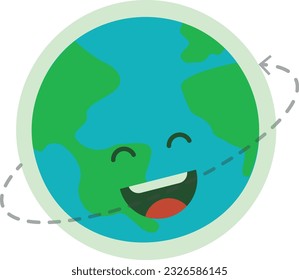 Vector illustration of happy, laughing planet Earth. Planet rotating on its own axis, rotation movement.