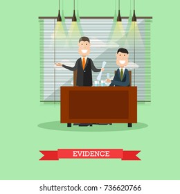 Vector illustration of happy lawyer providing the court with the proof of his client innocence. Evidence flat style design element