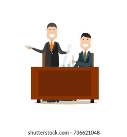 Vector illustration of happy lawyer providing the court with the proof of his client innocence. Law court people flat style design element, icon isolated on white background.