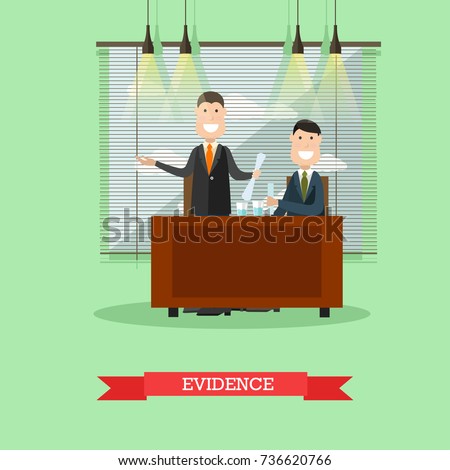 Vector illustration of happy lawyer providing the court with the proof of his client innocence. Evidence flat style design element