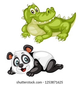 Vector Illustration of Happy Laying Alligator and Panda. Cute Cartoon Wild Animals Relaxing Isolated on a White Background. Happy Animals Set