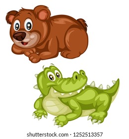 Vector Illustration of Happy Laying Bear and Alligator. Cute Cartoon Wild Animals Relaxing Isolated on a White Background. Happy Animals Set