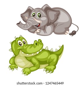Vector Illustration of Happy Laying Elephant and Alligator. Cute Cartoon Animals Relaxing Isolated on a White Background. Happy Animals Set