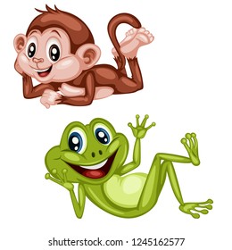 Vector Illustration of Happy Laying Monkey and Frog. Cute Cartoon Animals Relaxing Isolated on a White Background. Happy Animals Set