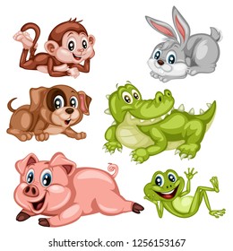 Vector Illustration of Happy Laying Monkey, Rabbit, Dog, Alligator, Pig and Frog. Cute Cartoon Animals Relaxing Isolated on a White Background. Happy Animals Set