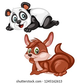 Vector Illustration of Happy Laying Panda and Kangaroo. Cute Cartoon Animals Relaxing Isolated on a White Background. Happy Animals Set