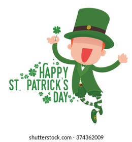 Vector Illustration of Happy Leprechaun Holding Four-Leaf Clover for St. Patrick's Day Card.