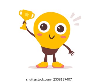 Vector illustration of happy light bulb kid character with eyes and golden winner cup on white color background. Flat style design of business yellow light bulb child character for web, banner, poster