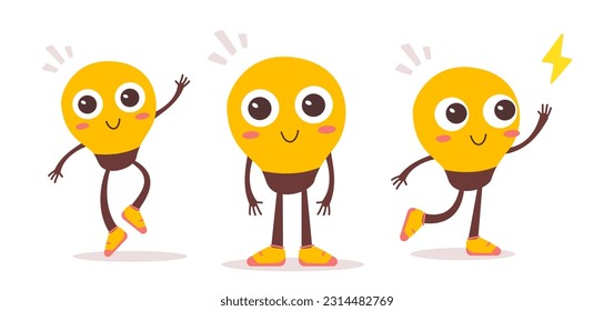 Vector illustration of happy light bulb character in different pose on white color background. Flat style design of business yellow light bulb character for web, banner, poster, print