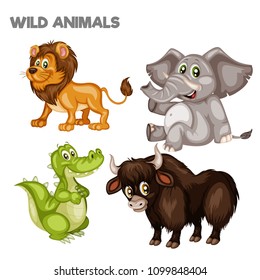 Vector Illustration of a Happy Lion, Elephant, Yak and Alligator. Cute Cartoon Wild Animals Isolated on a White Background. Happy Animals Set