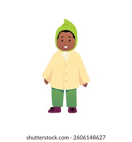 Vector illustration of a happy little baby standing in outerwear. Character in boots, pants, jacket and hat, for cool autumn and spring weather. Flat style. Isolated background. Cartoon.