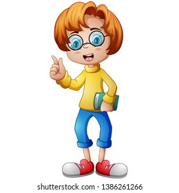Vector illustration of a happy little boy standing and holding a book