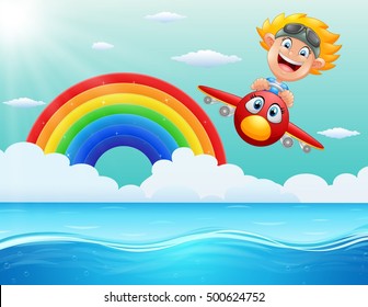 Vector illustration of Happy little boy riding a plane above the ocean