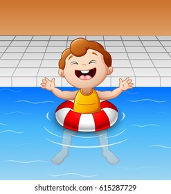 Vector illustration of Happy little boy floating in swimming pool with inflatable circle