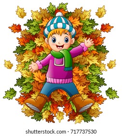 Vector illustration of Happy little boy playing with autumn leaves