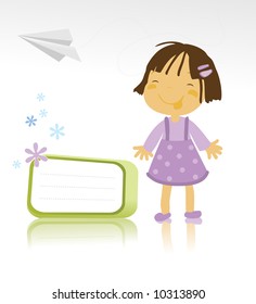 vector illustration of a happy little girl standing and a paper plane on white background