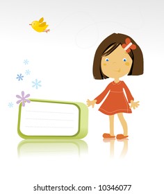 vector illustration of a happy little girl standing and a bird on white background