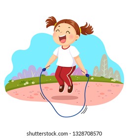 Imagen vectorial de una niña feliz saltando cuerda en el parque.