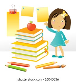 vector illustration of a happy little girl standing by a stack of books and school supplies, on white background