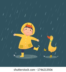 Vector illustration of a happy little girl in yellow hooded duck raincoat and rubber boots playing rain with the duck on a rainy day.