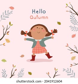 Vector illustration of happy little girl playing outdoors in autumn. Hello autumn illustration.