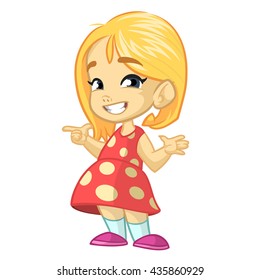 Vector illustration of a happy little girl in a red dotted dress presenting with her hand