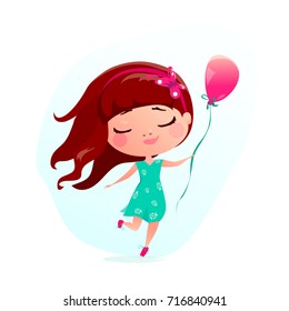 Vector illustration of happy little girl with pink balloon. Jumping and running from joy, happiness cute girl wearing on green dress with chamomile