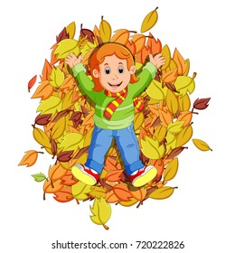 vector illustration of Happy little girl playing with autumn leaves