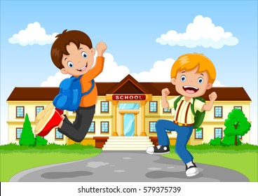 Vector illustration of happy little kid on school building background