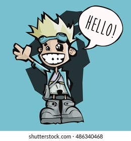 Vector Illustration of a happy little man waving at camera saying Hello! With Blonde hair, big smile and light blue coat. 