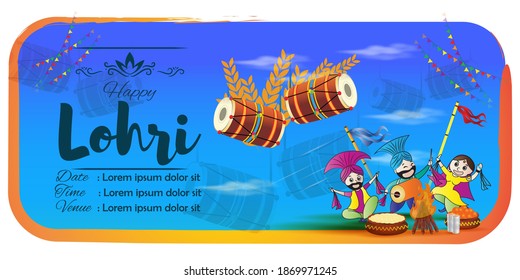 Vector illustration of Happy Lohri banner, celebrating people with drum, bonfire and sweets, Indian Punjabi festival, paper cut concept background.