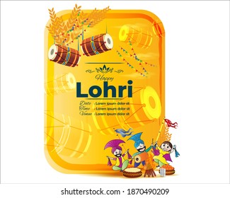 Vector illustration of Happy Lohri banner, celebrating people with drum, bonfire and sweets, Indian Punjabi festival, paper cut concept background.