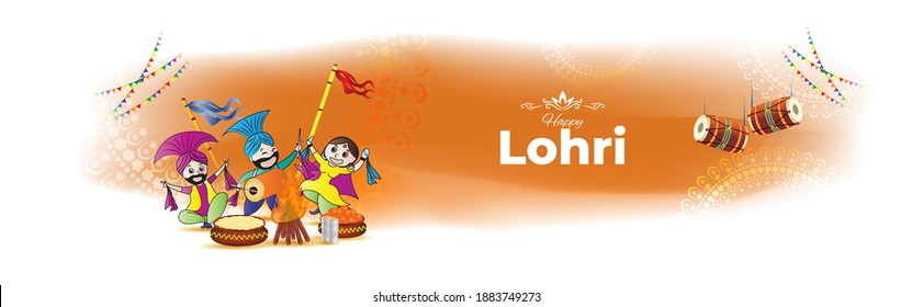 Vector illustration of Happy Lohri banner, festive background concept, celebrating people with drum, bonfire and sweets, Indian Punjabi festival, 