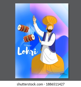 Vector illustration of Happy Lohri celebration concept banner, people dancing and celebrating with drum, Punjabi festival.