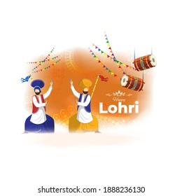 Vector illustration of Happy Lohri celebration concept banner, people dancing and celebrating with drum, Punjabi festival.