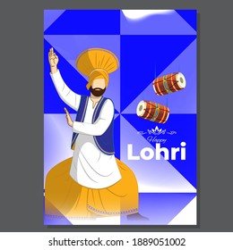 Vector illustration of Happy Lohri celebration concept banner, people dancing and celebrating with drum, Punjabi festival.