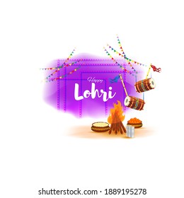 Vector illustration of Happy Lohri celebration concept banner, people dancing and celebrating with drum, Punjabi festival.